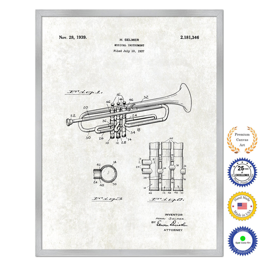 1939 Trumpet Musical Instrument Old Patent Art Print on Canvas Custom Framed Vintage Home Decor Wall Decoration Great for Gifts