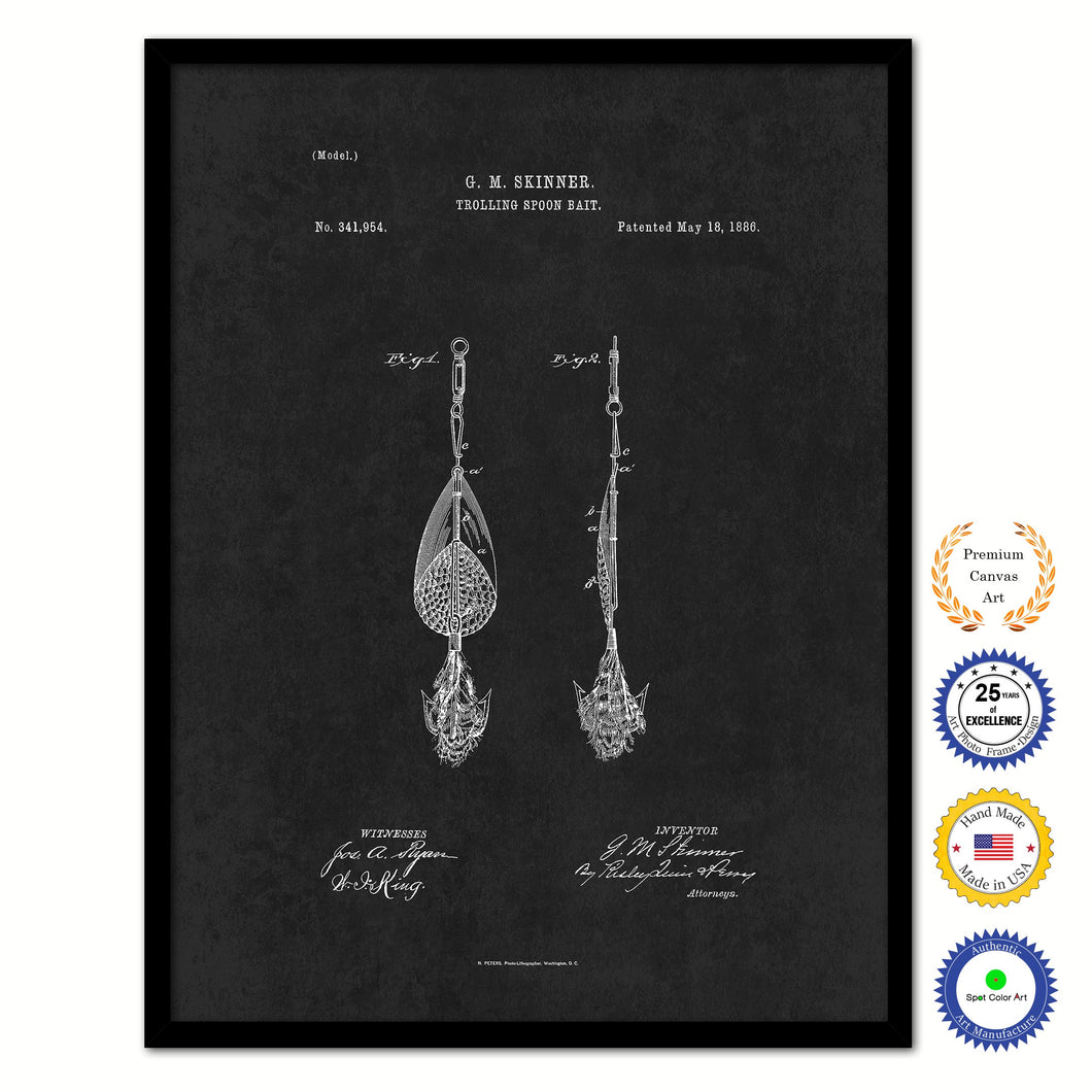 1886 Fishing Trolling Spoon Bait Vintage Patent Artwork Black Framed Canvas Home Office Decor Great for Fisherman Cabin Lake House