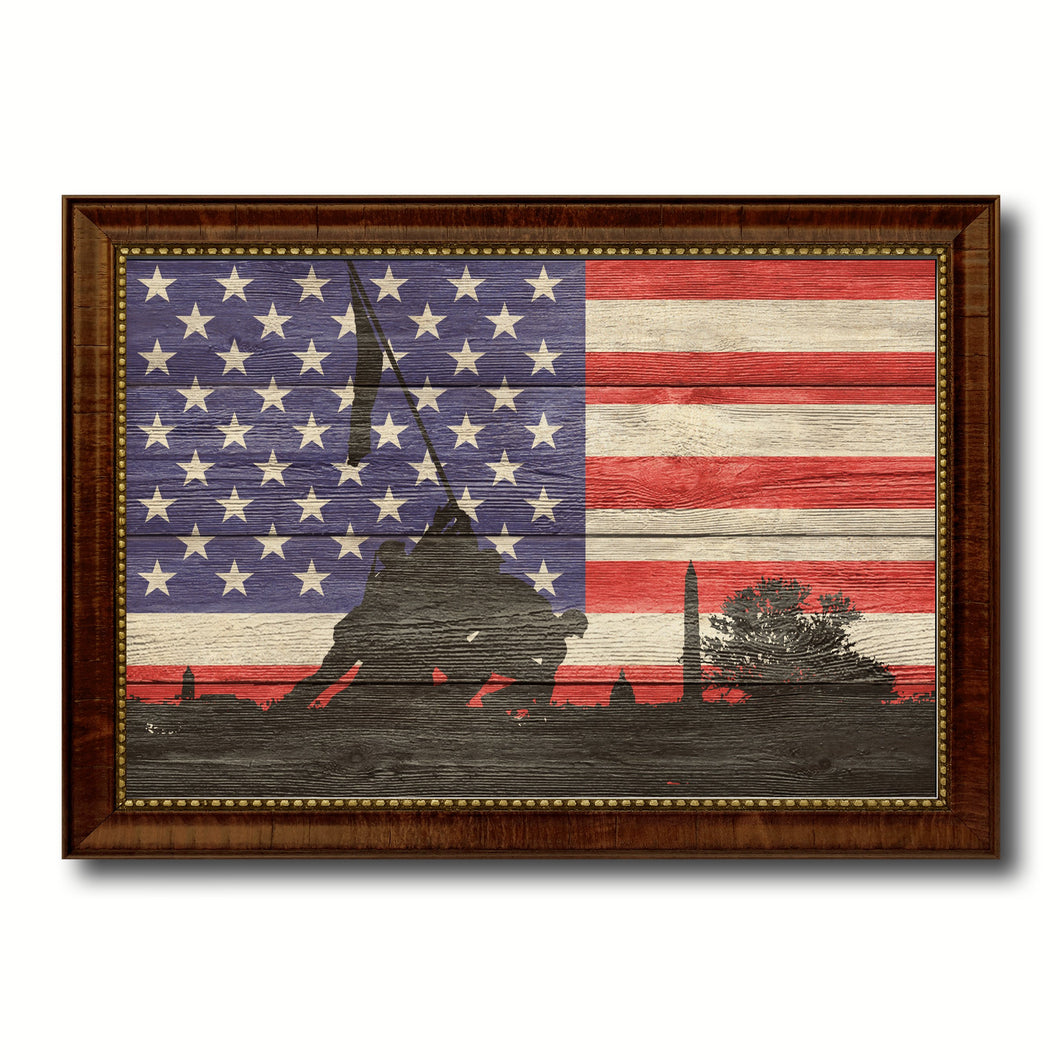 Iwo Jima World War 2 Veterans Flag Texture Canvas Print with Brown Picture Frame Gifts Home Decor Wall Art Collectible Decoration Artwork