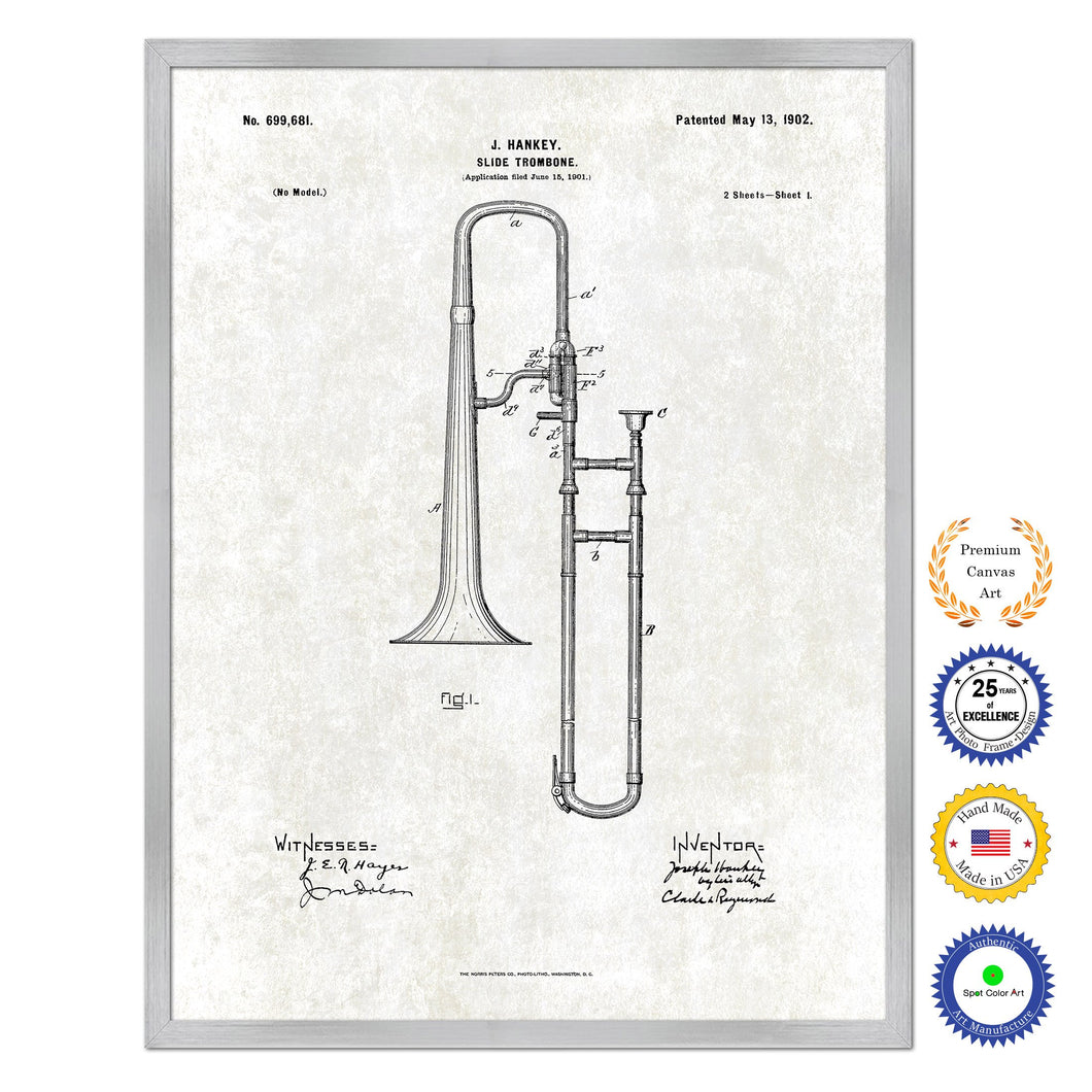 1902 Slide Trombone Old Patent Art Print on Canvas Custom Framed Vintage Home Decor Wall Decoration Great for Gifts