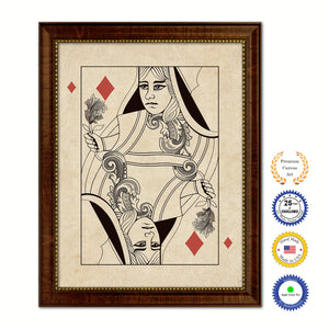 Queen Diamond Poker Decks of Vintage Cards Print on Canvas Brown Custom Framed