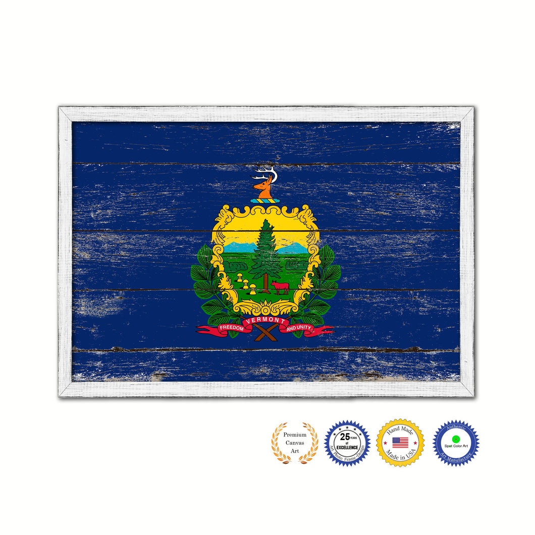 Vermont State Flag Shabby Chic Gifts Home Decor Wall Art Canvas Print, White Wash Wood Frame