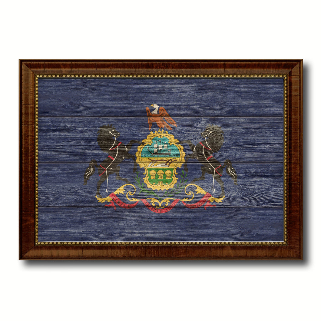 Pennsylvania State Flag Texture Canvas Print with Brown Picture Frame Gifts Home Decor Wall Art Collectible Decoration