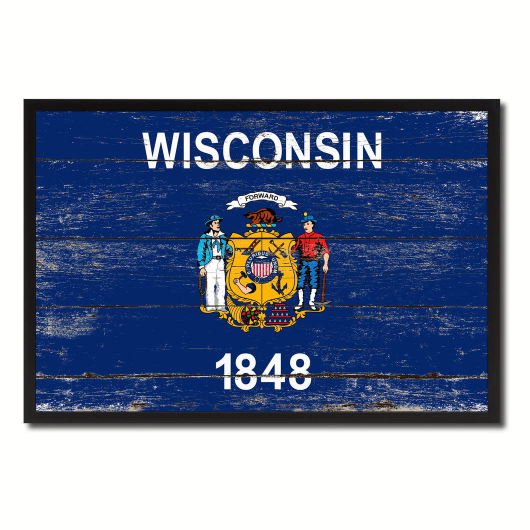 Wisconsin State Flag Vintage Canvas Print with Black Picture Frame Home DecorWall Art Collectible Decoration Artwork Gifts