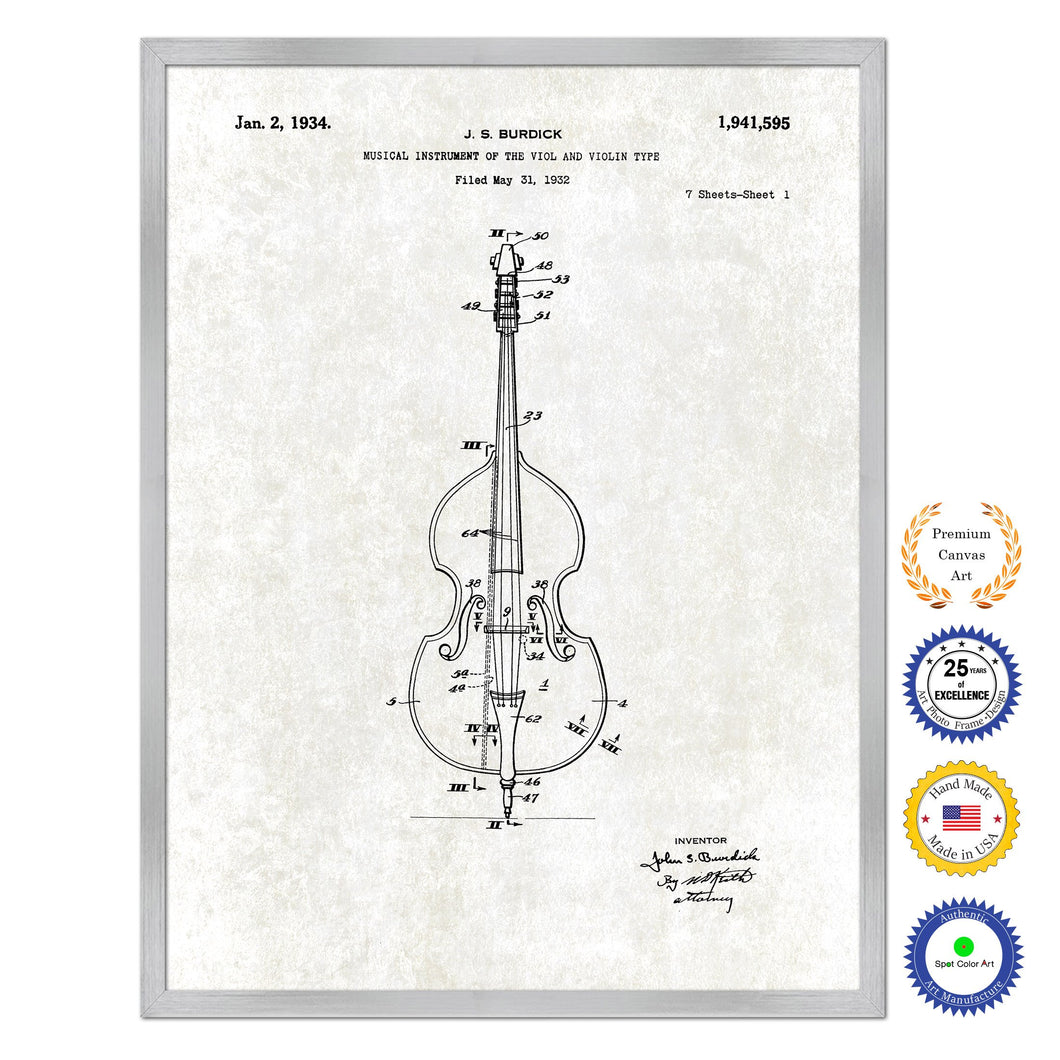 1934 Violin Old Patent Art Print on Canvas Custom Framed Vintage Home Decor Wall Decoration Great for Gifts