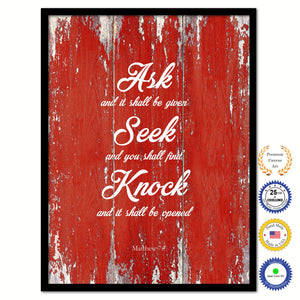 Seek and You Shall Find - Matthew 7:7 Bible Verse Scripture Quote Red Canvas Print with Picture Frame