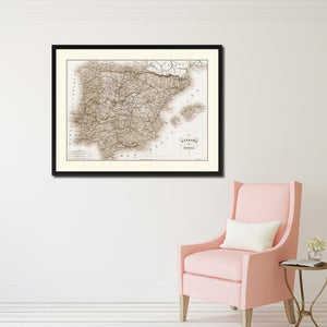 Spain Portugal Vintage Sepia Map Canvas Print, Picture Frame Gifts Home Decor Wall Art Decoration