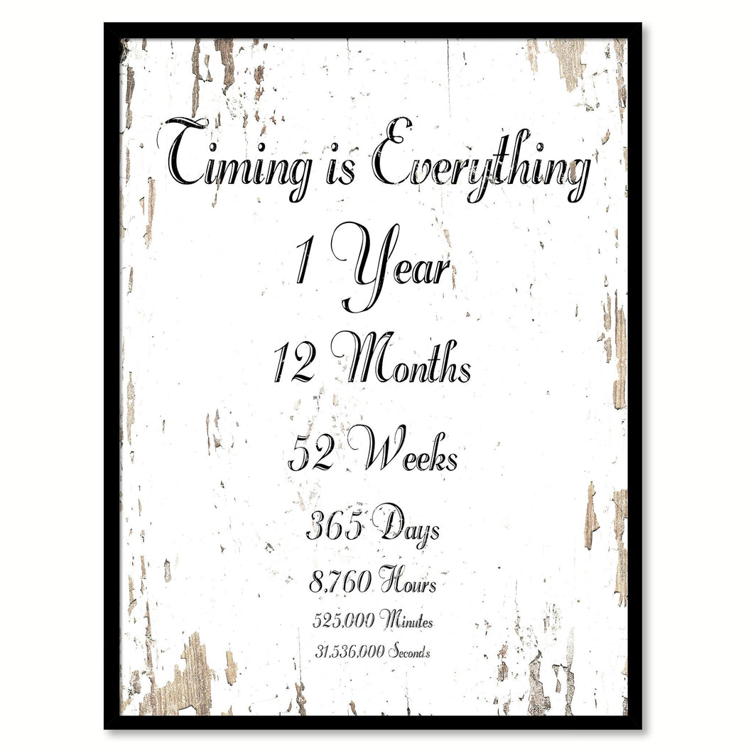 Timing is everything 1 Year 12 Months 52 Weeks 365 Days 8,760 Hours 525,000 Minutes 31,536,000 Seconds Quote Saying Canvas Print with Picture Frame Home Decor Wall Art