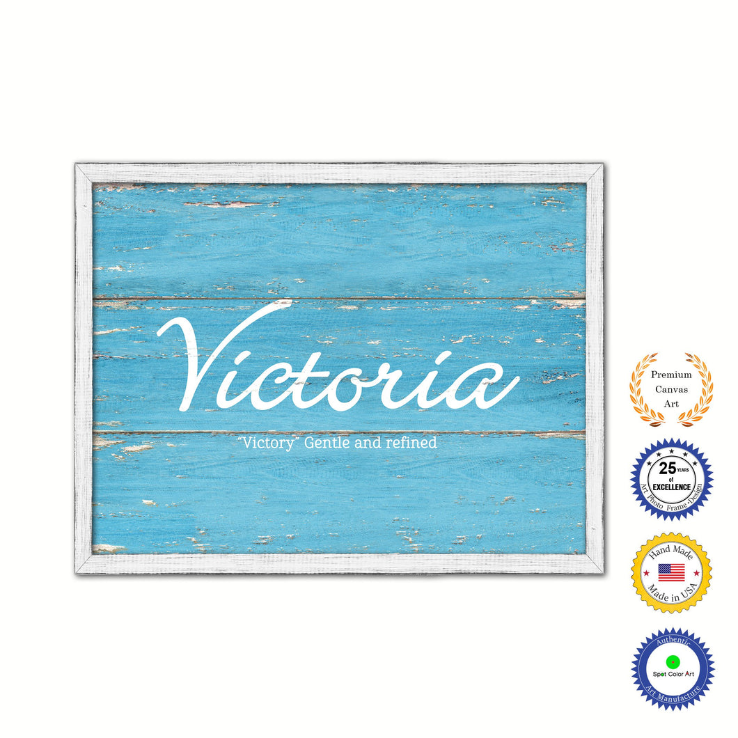 Victoria Name Plate White Wash Wood Frame Canvas Print Boutique Cottage Decor Shabby Chic
