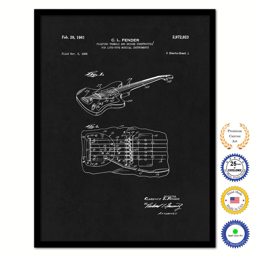 1961 Fender Electric Guitar Tremolo Old Patent Art Print on Canvas Custom Framed Vintage Home Decor Wall Decoration Great for Gifts