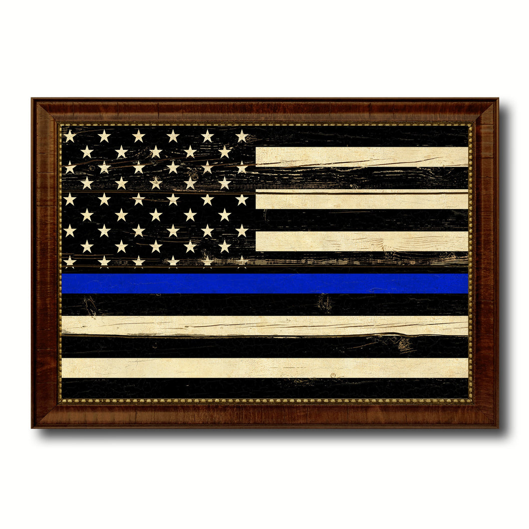 Thin Blue Line Honoring our Men and Women of Law Enforcement American Police USA Flag Vintage Canvas Print with Brown Picture Frame Gifts Ideas Home Decor Wall Art Decoration