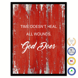 Time doesn't heal all wounds God does Bible Verse Scripture Quote Red Canvas Print with Picture Frame