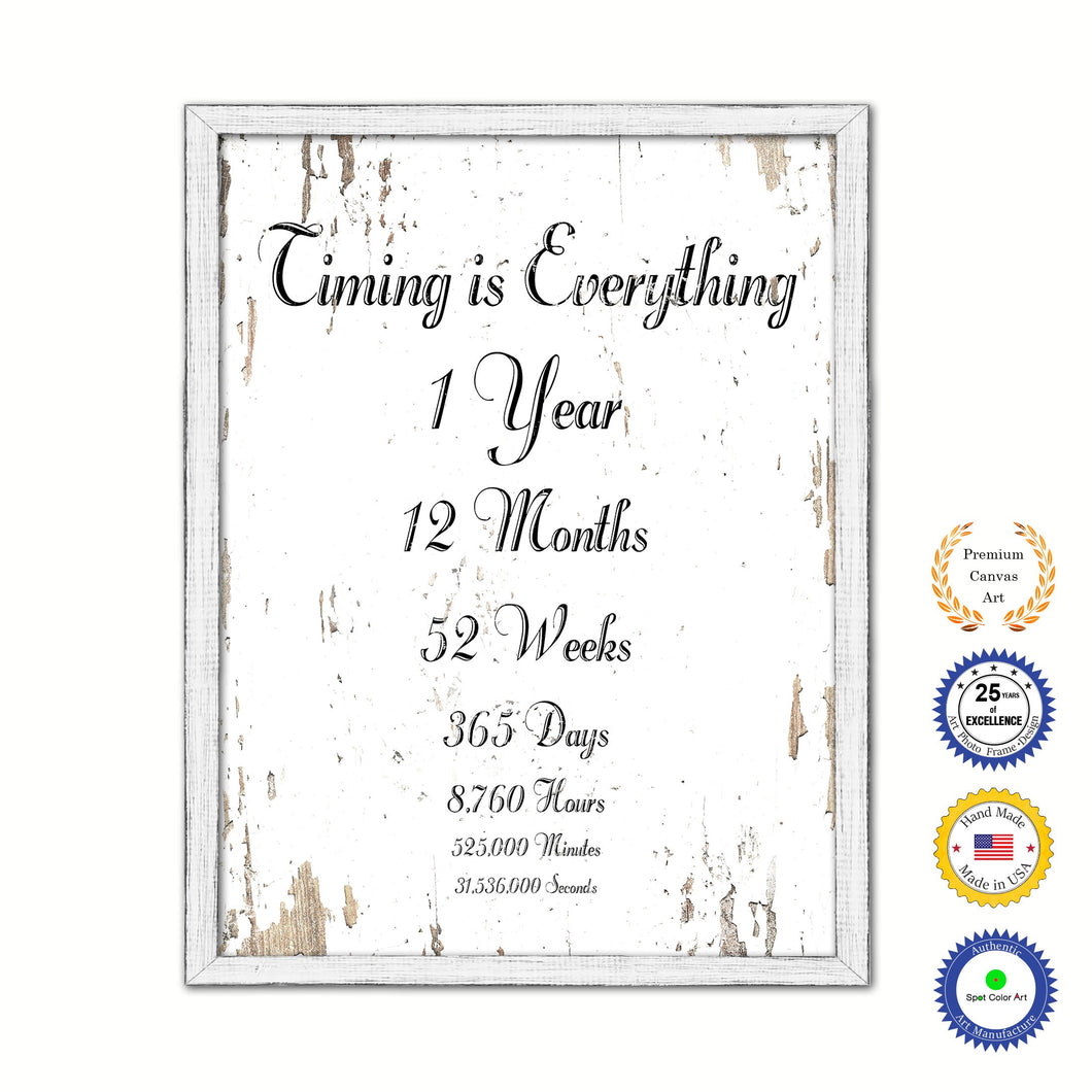 Timing Is Everything 1 Year 12 Months 52 Weeks 365 Days Vintage Saying Gifts Home Decor Wall Art Canvas Print with Custom Picture Frame