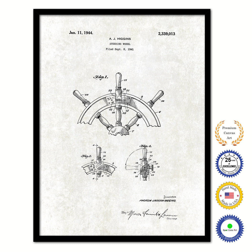 1941 Steering Wheel Old Patent Art Print on Canvas Custom Framed Vintage Home Decor Wall Decoration Great for Gifts