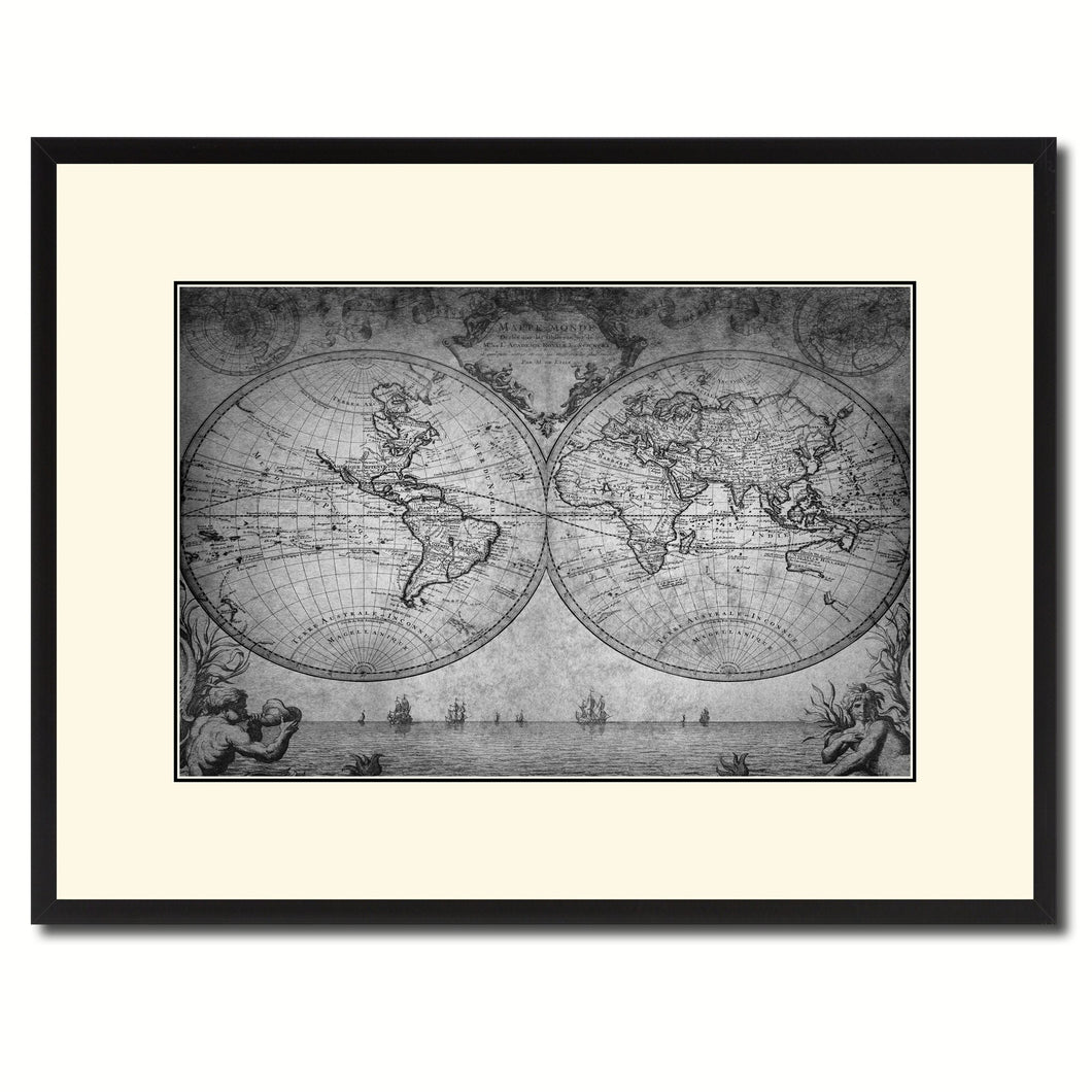 Vintage World Vintage B&W Map Canvas Print, Picture Frame Home Decor Wall Art Gift Ideas