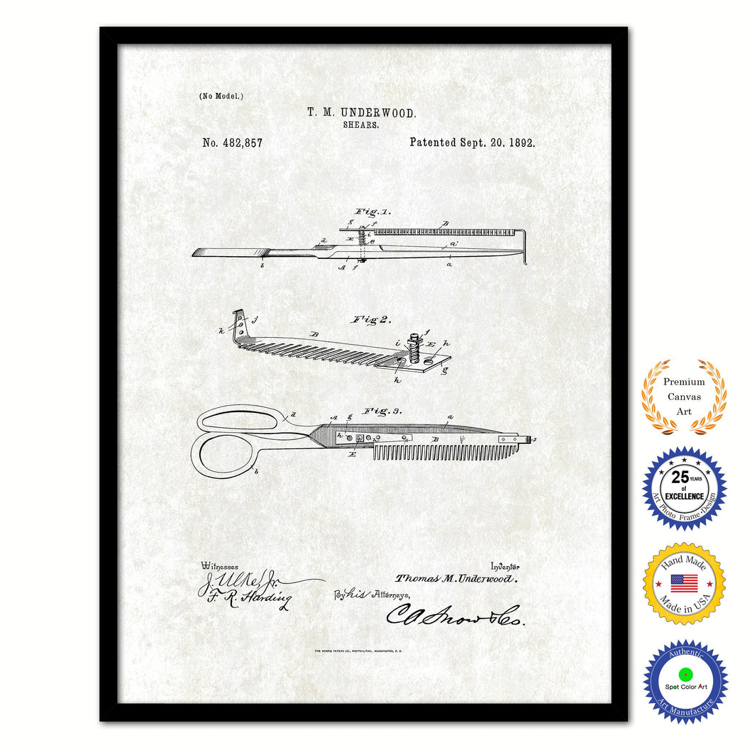 1892 Barber Shears Vintage Patent Artwork Black Framed Canvas Print Home Office Decor Great Gift for Barber Salon Hair Stylist