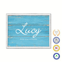 Load image into Gallery viewer, Lucy Name Plate White Wash Wood Frame Canvas Print Boutique Cottage Decor Shabby Chic
