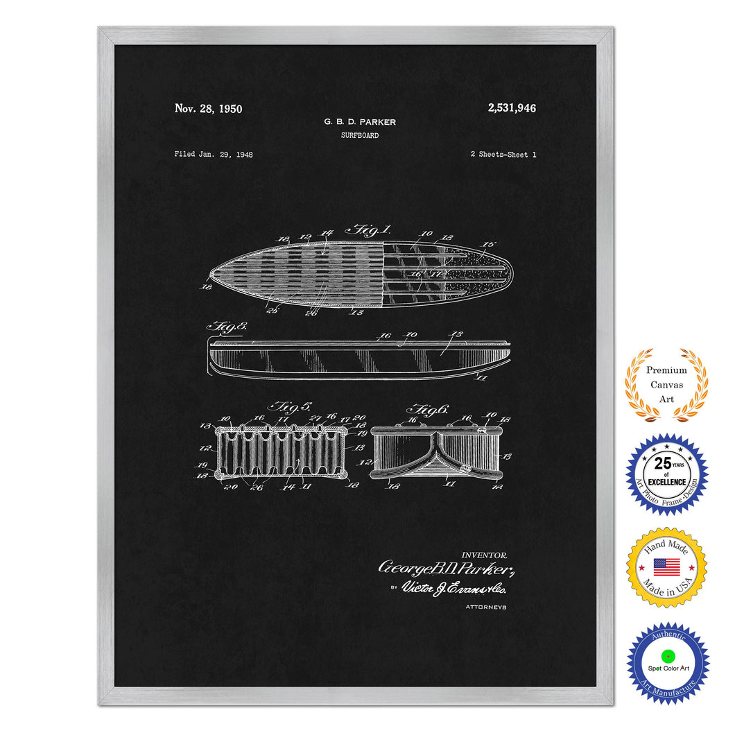 1950 Surfboard Old Patent Art Print on Canvas Custom Framed Vintage Home Decor Wall Decoration Great for Gifts