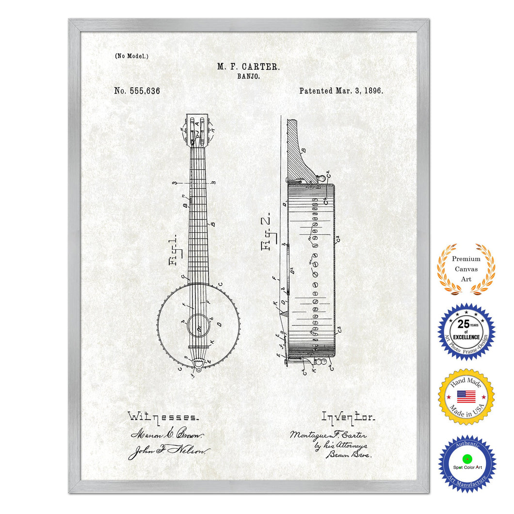 1896 Banjo Old Patent Art Print on Canvas Custom Framed Vintage Home Decor Wall Decoration Great for Gifts