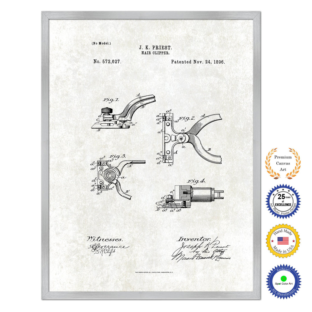 1896 Barber Hair Clipper Antique Patent Artwork Silver Framed Canvas Print Home Office Decor Great Gift for Barber Salon Hair Stylist