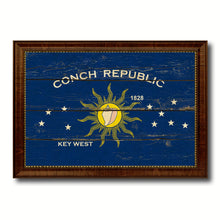 Load image into Gallery viewer, Conch Republic Key West City Florida State Vintage Flag Canvas Print Brown Picture Frame
