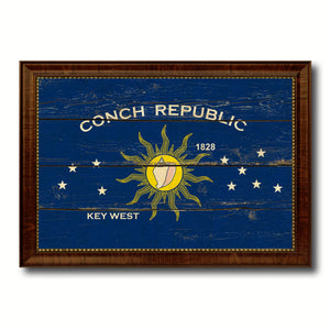 Conch Republic Key West City Florida State Vintage Flag Canvas Print Brown Picture Frame