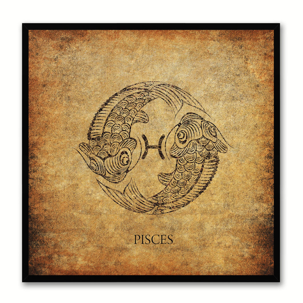Zodiac Pisces Horoscope Brown Canvas Print, Black Picture Frame Home Decor Wall Art Gift
