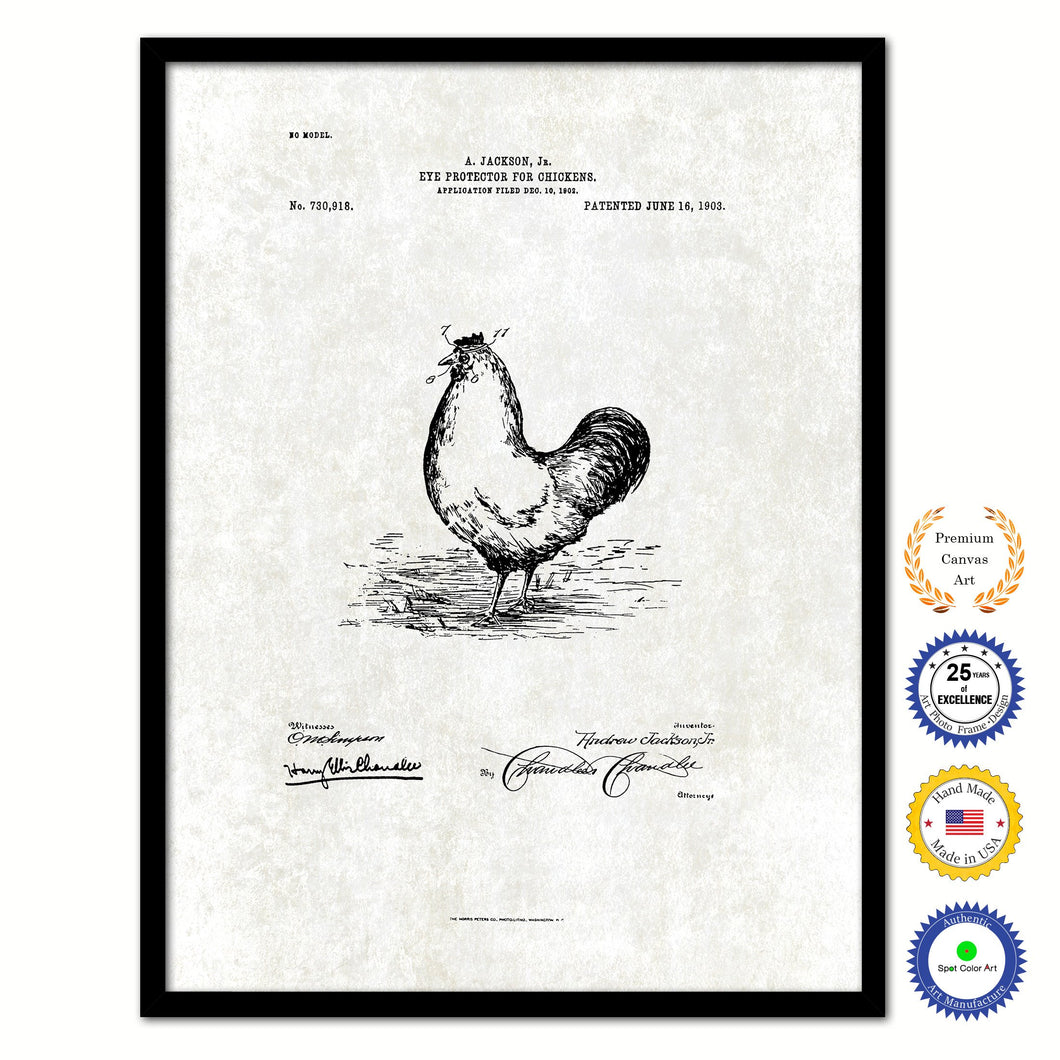 1903 Farming Eye Protector for Chickens Vintage Patent Artwork Black Framed Canvas Print Home Office Decor Great for Farmer Milk Lover Cattle Rancher