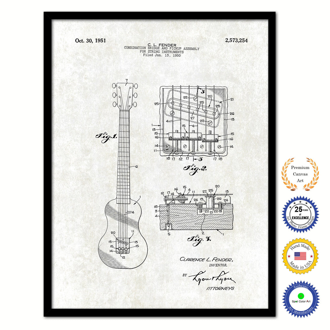 1951 Fender Guitar Bridge and Pickup Assembly Old Patent Art Print on Canvas Custom Framed Vintage Home Decor Wall Decoration Great for Gifts