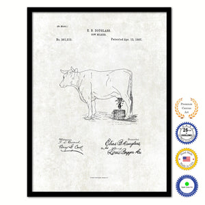 1887 Farming Cow Milker Vintage Patent Artwork Black Framed Canvas Print Home Office Decor Great for Farmer Milk Lover Cattle Rancher