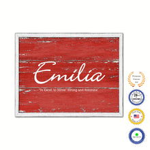 Load image into Gallery viewer, Emilia Name Plate White Wash Wood Frame Canvas Print Boutique Cottage Decor Shabby Chic
