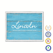 Load image into Gallery viewer, Lincoln Name Plate White Wash Wood Frame Canvas Print Boutique Cottage Decor Shabby Chic
