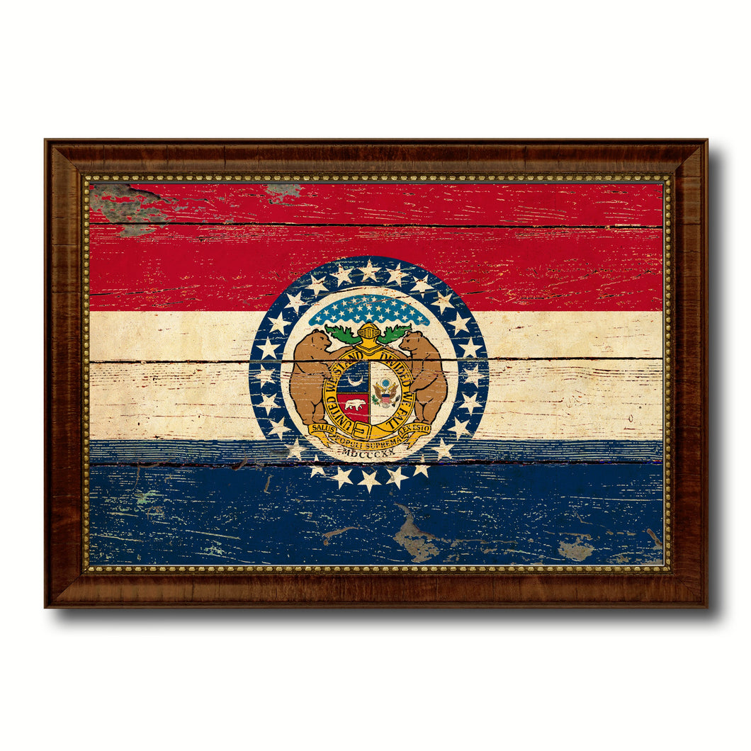 Missouri State Vintage Flag Canvas Print with Brown Picture Frame Home Decor Man Cave Wall Art Collectible Decoration Artwork Gifts