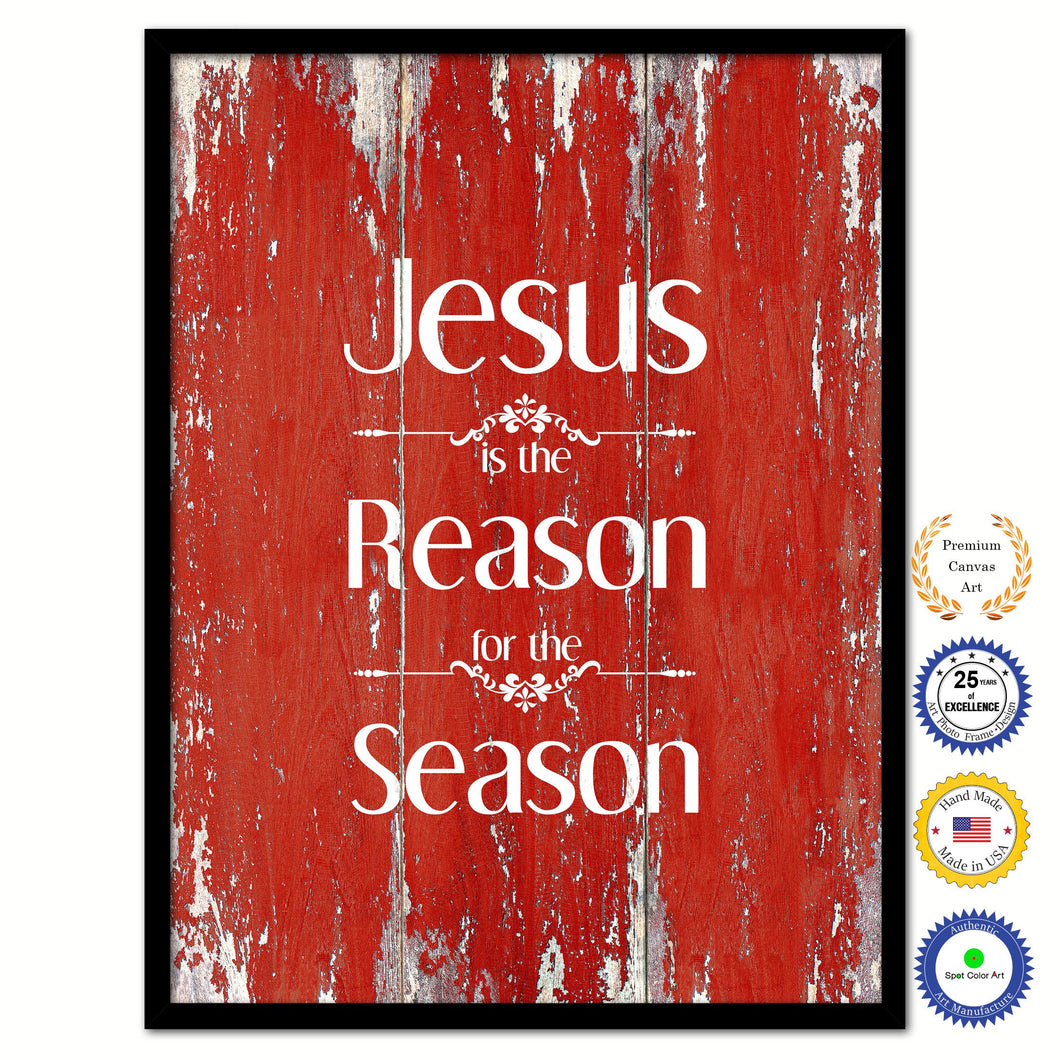 Jesus is the reason for the season Bible Verse Scripture Quote Red Canvas Print with Picture Frame