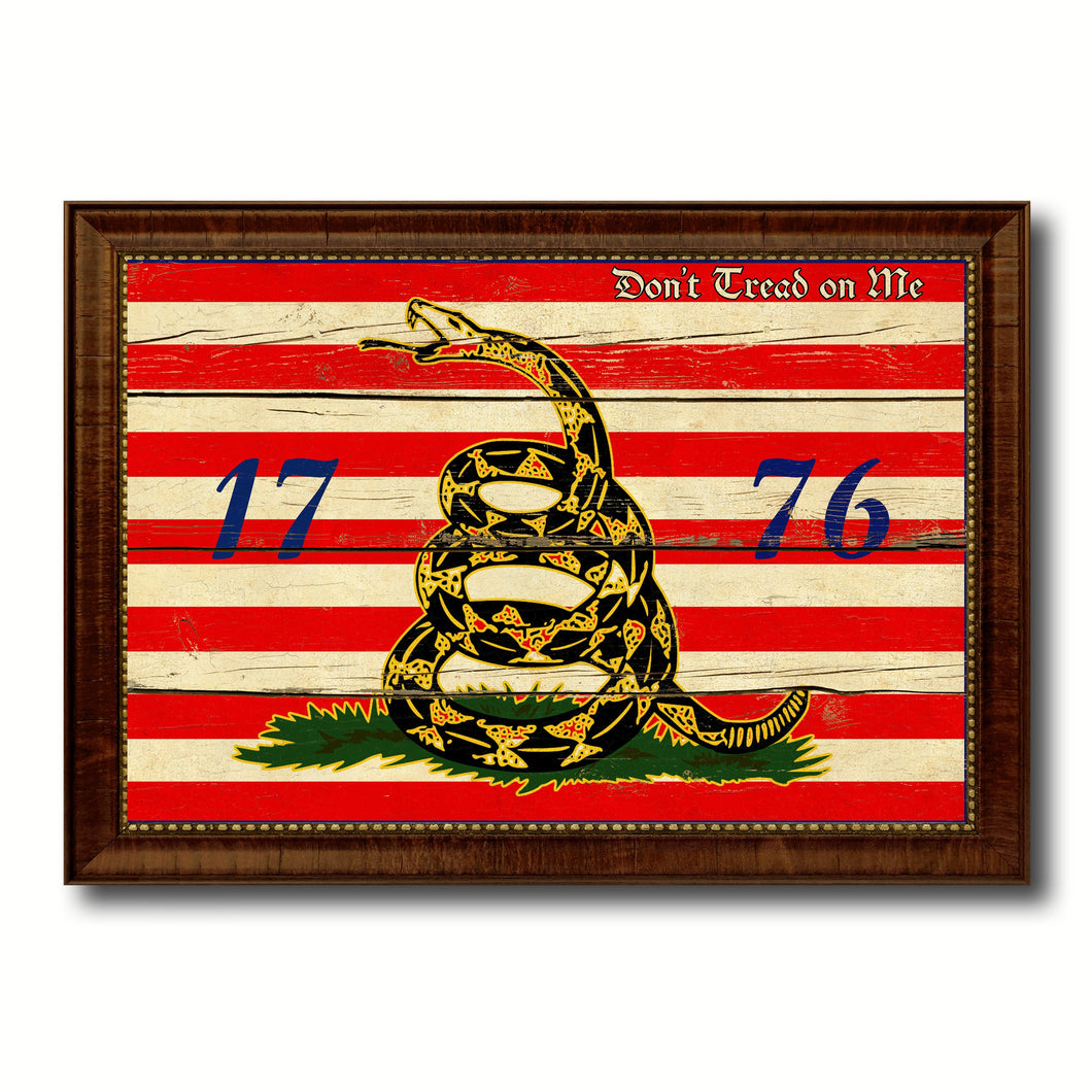 First Navy Jack Don't Tread On Me 1776 Tea Party Military Flag Vintage Canvas Print with Brown Picture Frame Gifts Ideas Home Decor Wall Art Decoration