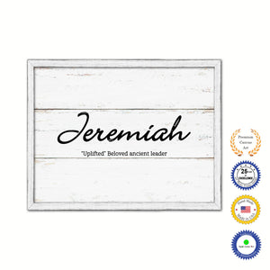 Jeremiah Name Plate White Wash Wood Frame Canvas Print Boutique Cottage Decor Shabby Chic