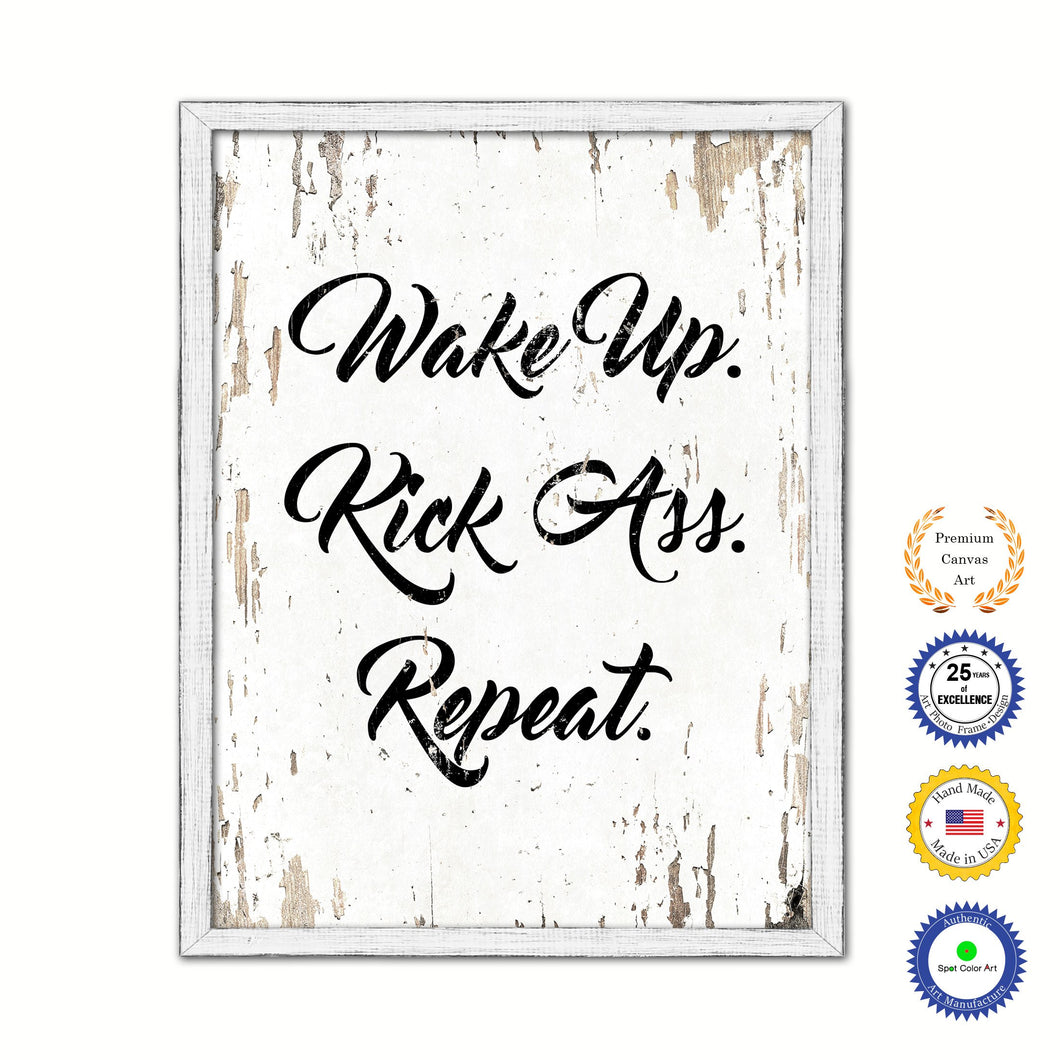 Wake Up Kick Ass Repeat Vintage Saying Gifts Home Decor Wall Art Canvas Print with Custom Picture Frame
