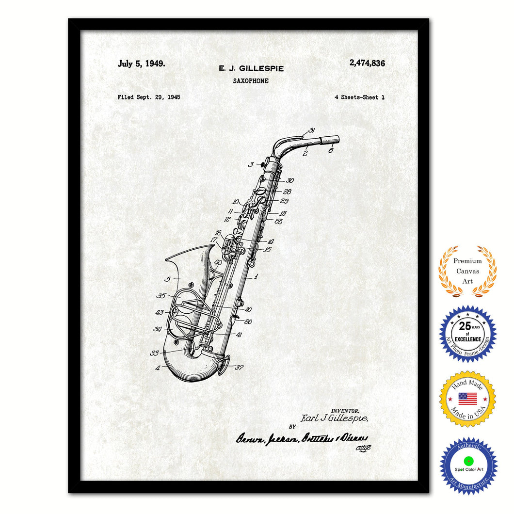 1949 Saxophone Old Patent Art Print on Canvas Custom Framed Vintage Home Decor Wall Decoration Great for Gifts