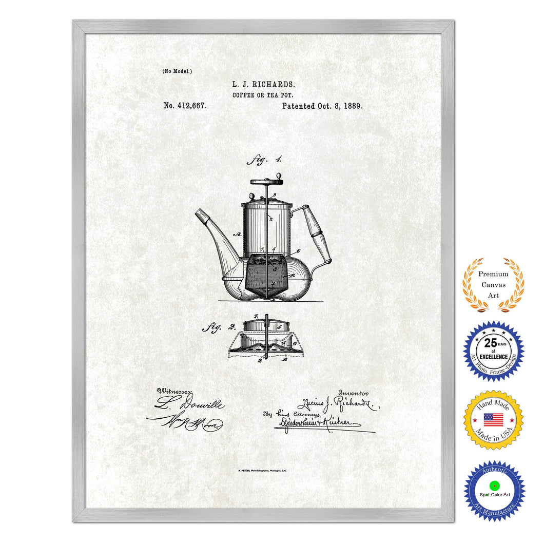 1889 Coffee or Tea Pot Antique Patent Artwork Silver Framed Canvas Print Home Office Decor Great for Coffee Lover Cafe Tea Shop