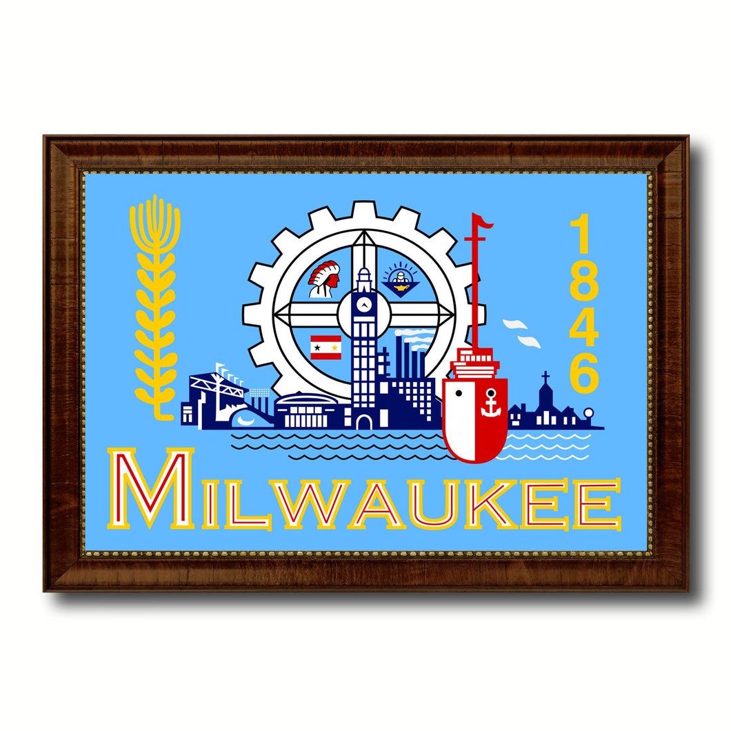 Milwaukee City Wisconsin State Flag Canvas Print Brown Picture Frame