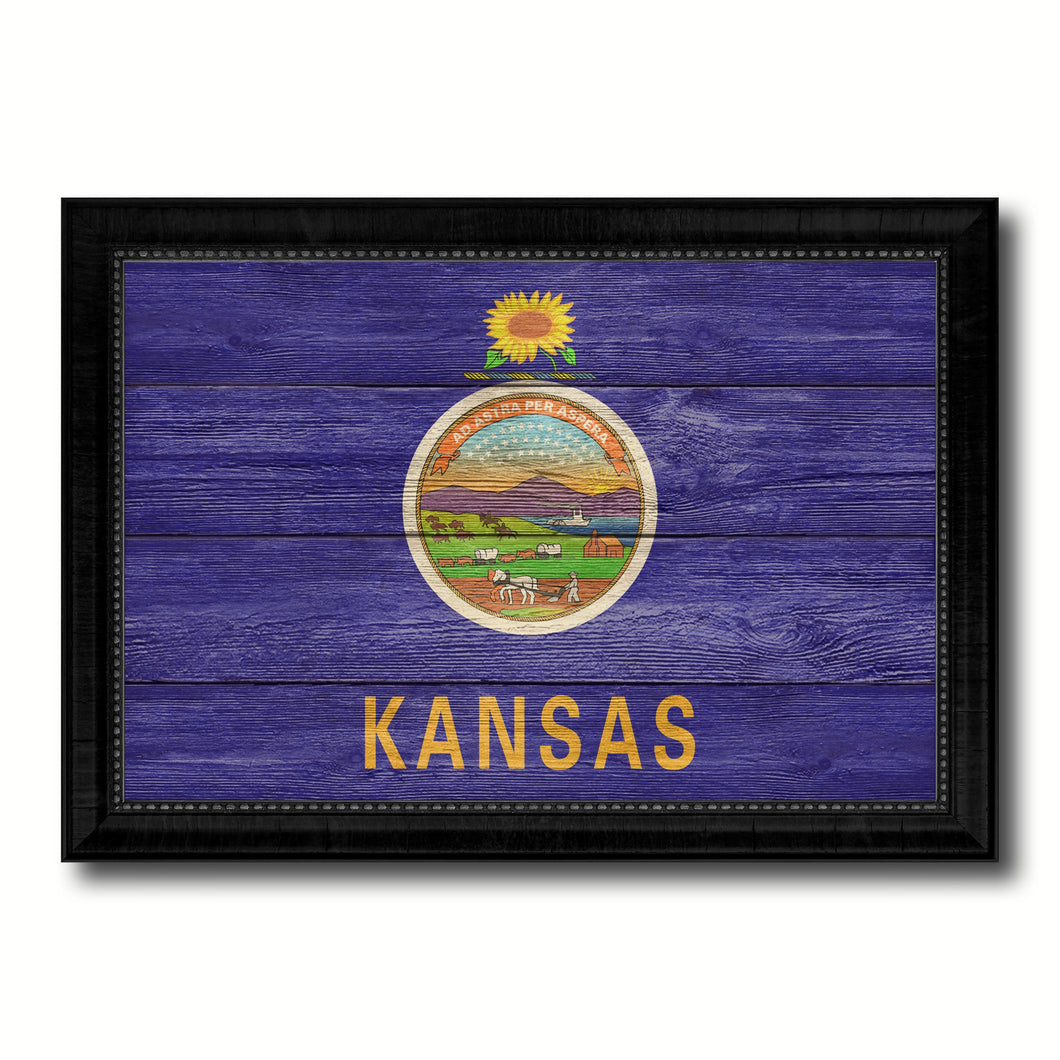 Kansas State Flag Texture Canvas Print with Black Picture Frame Home Decor Man Cave Wall Art Collectible Decoration Artwork Gifts