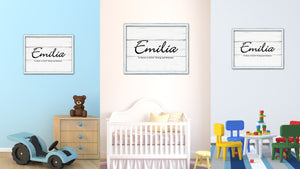 Emilia Name Plate White Wash Wood Frame Canvas Print Boutique Cottage Decor Shabby Chic
