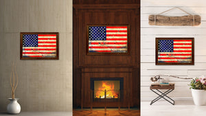 American Flag Vintage USA Canvas Print with Brown Picture Frame Home Decor Man Cave Wall Art Collectible Decoration Artwork Gifts