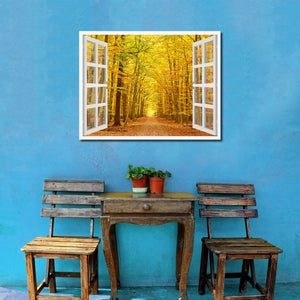 Pathway Autumn Park Yellow Leaves Picture French Window Framed Canvas Print Home Decor Wall Art Collection