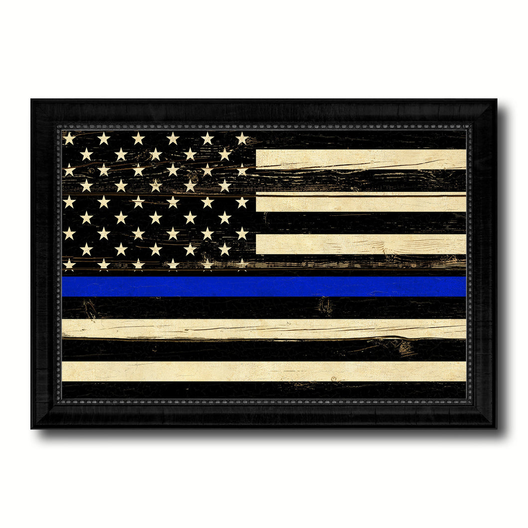 Thin Blue Line Honoring our Men and Women of Law Enforcement American Police USA Flag Vintage Canvas Print with Black Picture Frame Home Decor Wall Art Decoration Gift Ideas
