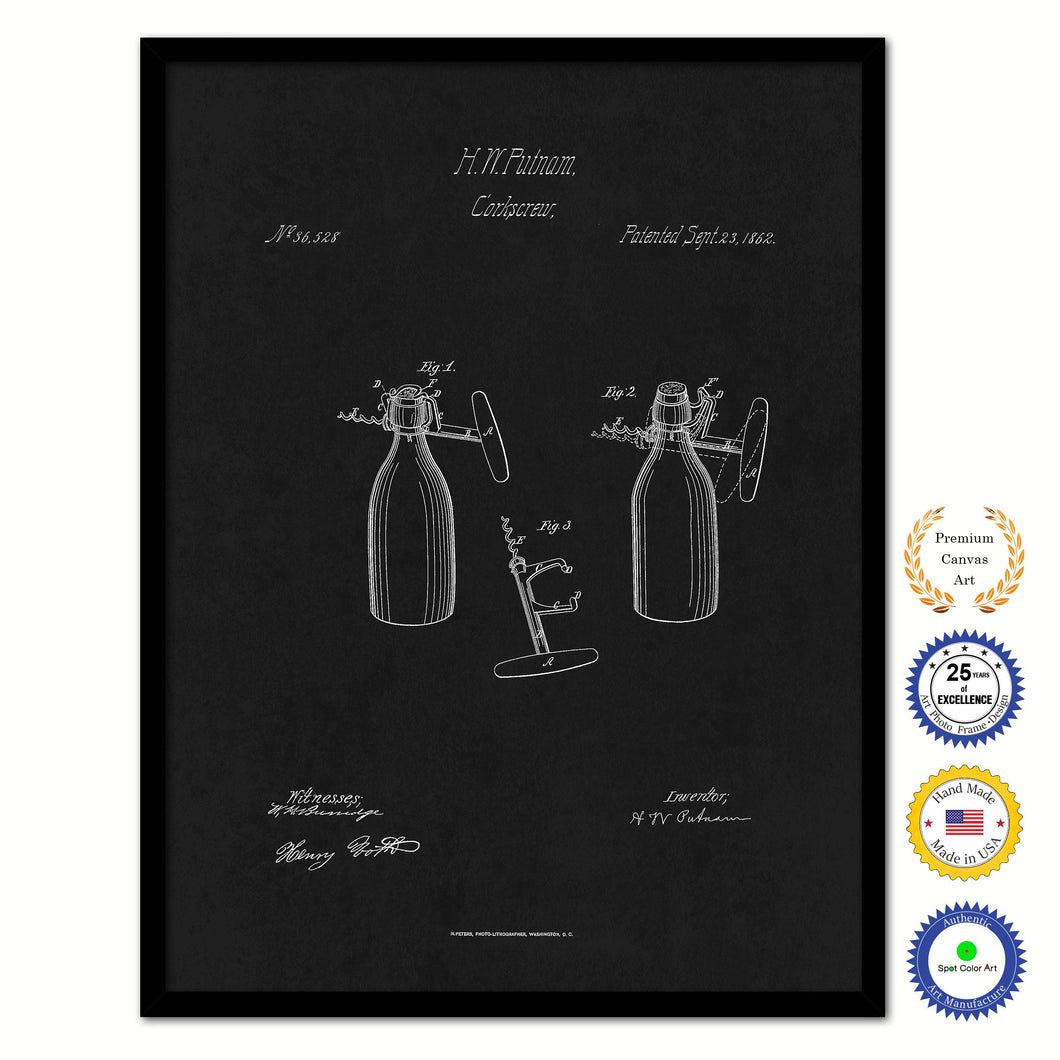 1862 Wine Corkscrew Old Patent Art Print on Canvas Custom Framed Vintage Home Decor Wall Decoration Great for Gifts