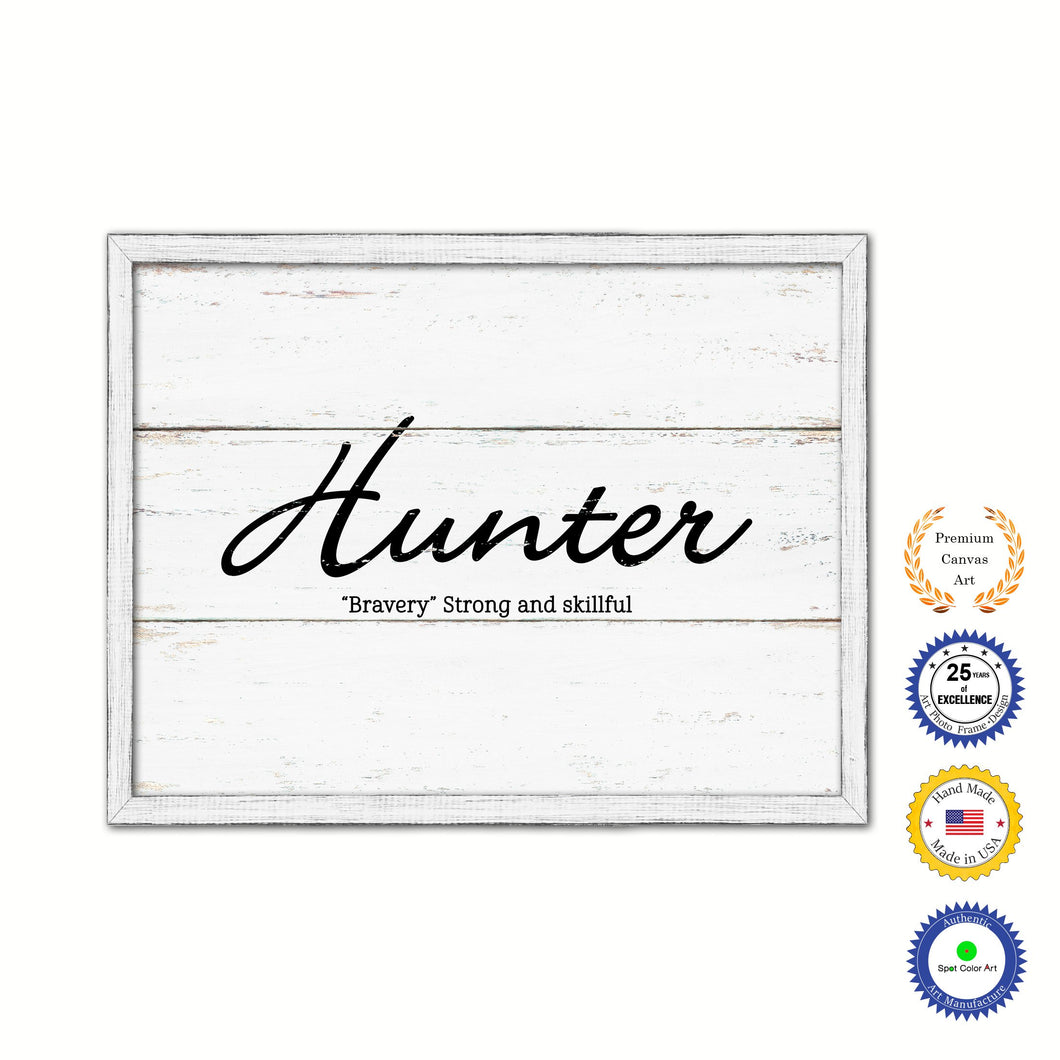 Hunter Name Plate White Wash Wood Frame Canvas Print Boutique Cottage Decor Shabby Chic