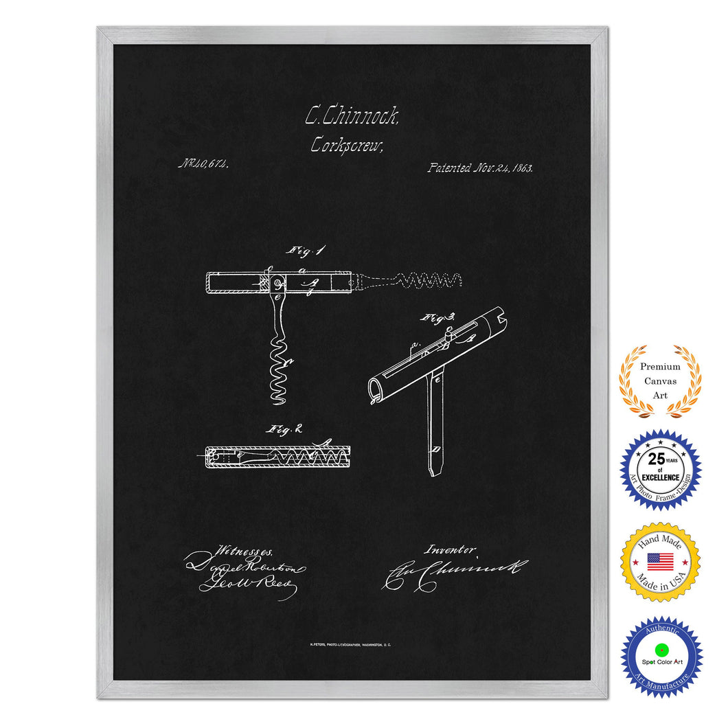 1863 Wine Corkscrew Old Patent Art Print on Canvas Custom Framed Vintage Home Decor Wall Decoration Great for Gifts