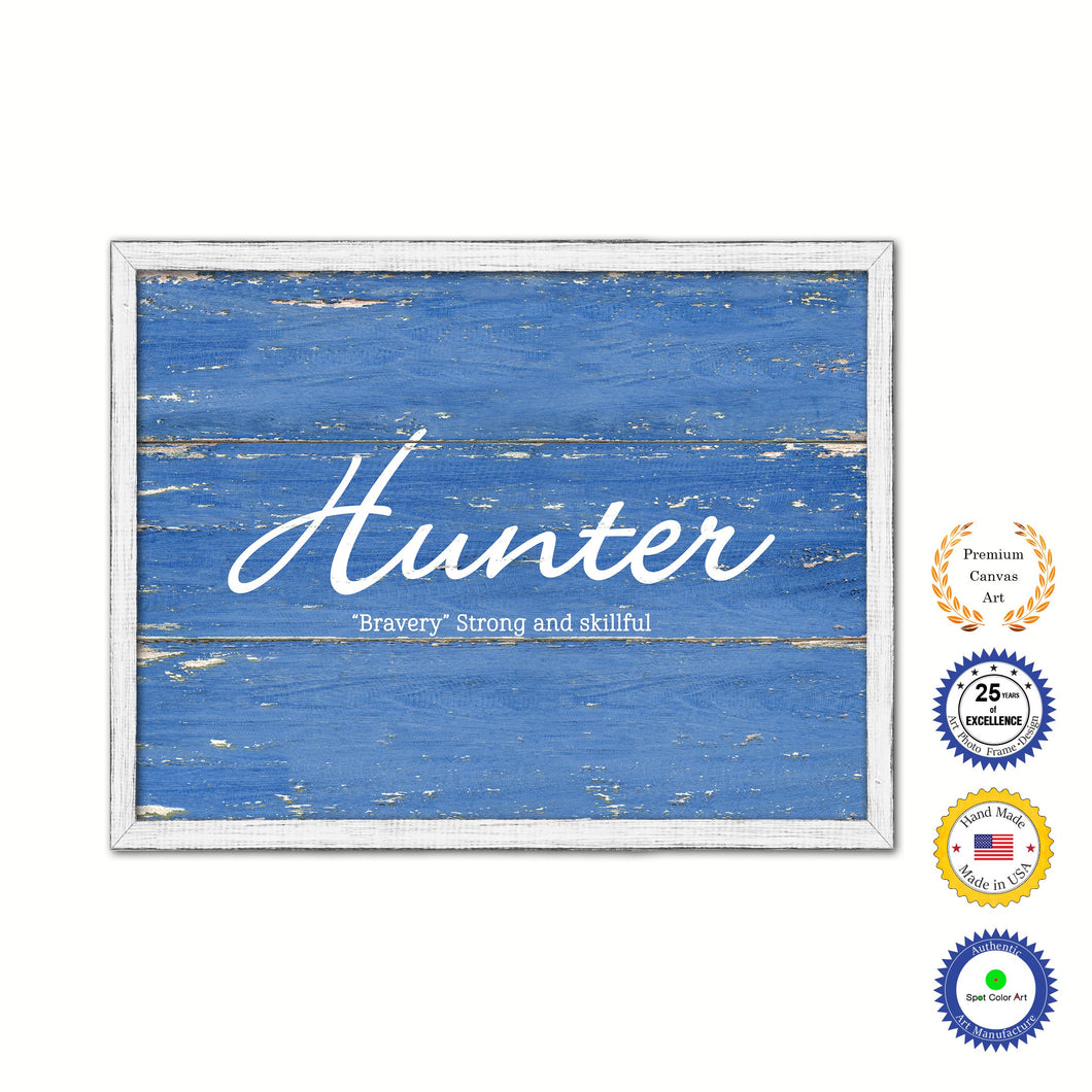 Hunter Name Plate White Wash Wood Frame Canvas Print Boutique Cottage Decor Shabby Chic
