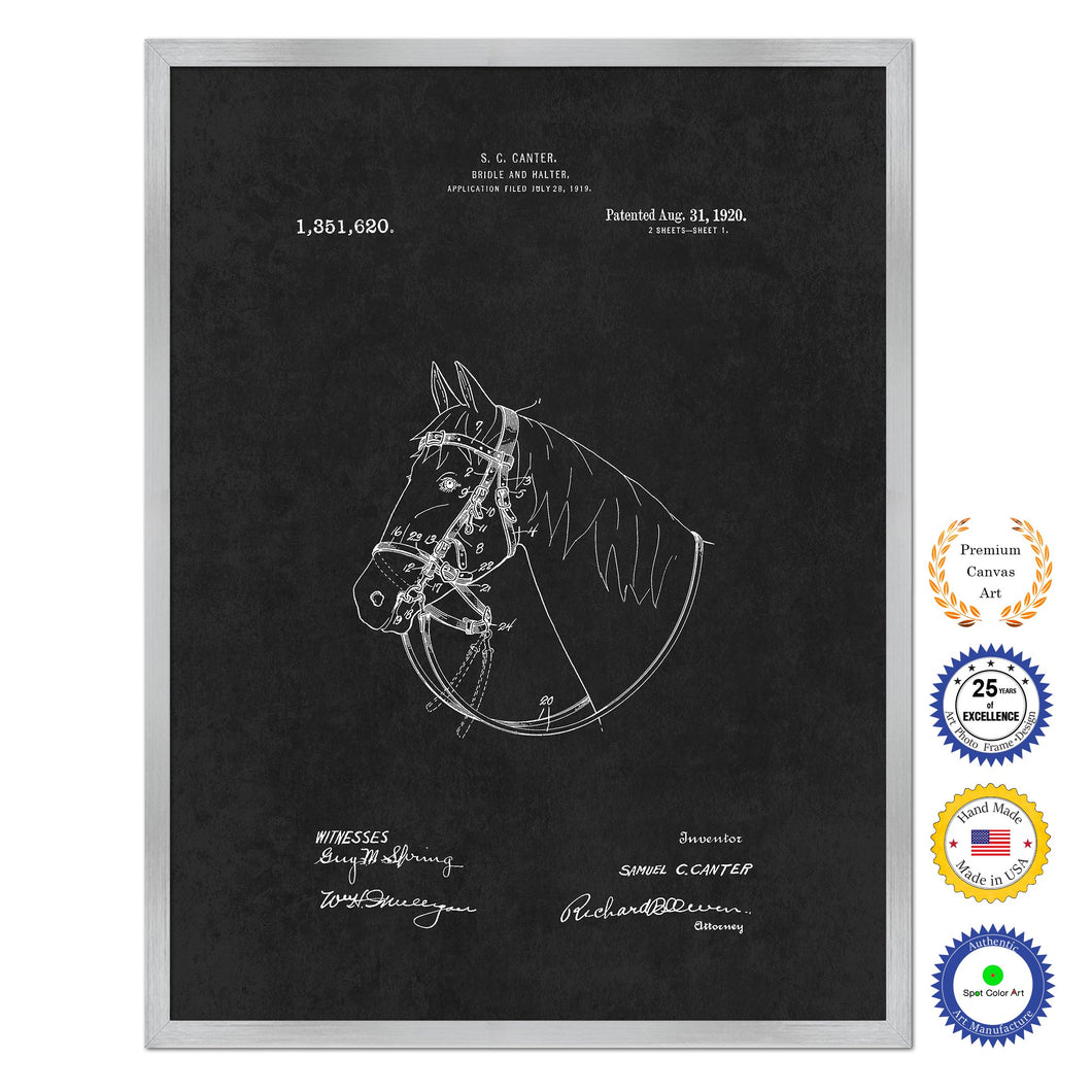 1920 Cowboy Horse Bridle and Halter Antique Patent Artwork Silver Framed Canvas Home Office Decor Great for Cowboy Cowgirl Horseback Rider